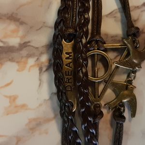 Braided Leather Bracelet Brown w/Brass Dream, Birds Trinkets